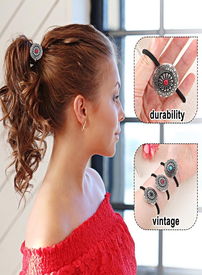 AOZUO 3PCS Western Style Ponytail Holders, Metal Hair Ties Bracelet, Boho Hair Clips Vintage Turquoise Concho Squash Blossom Hair Bands Elastic Hair Cuffs Hair Accessories for Women Girls - Image 5